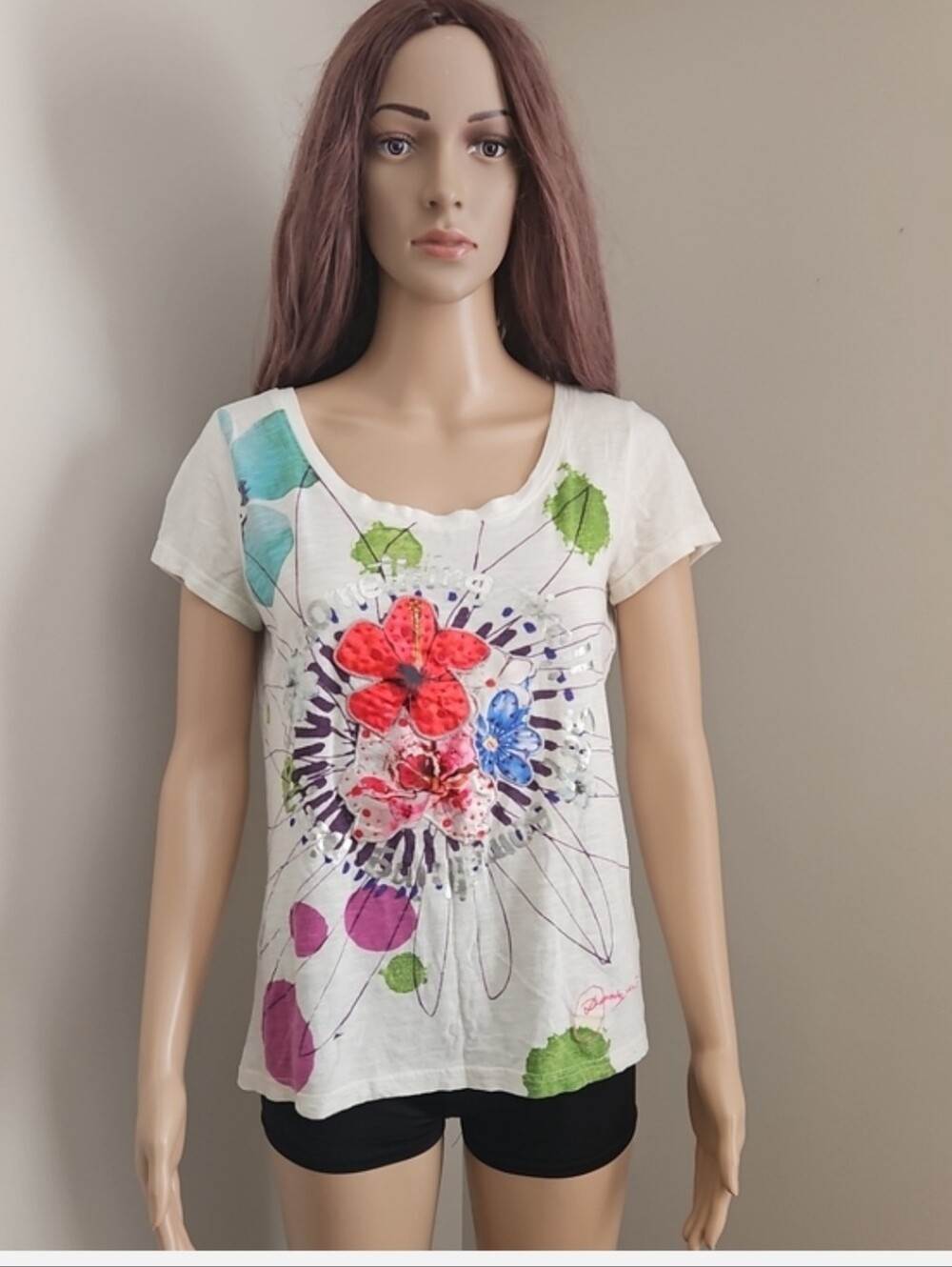 Desigual Floral Short Sleeve Tee Top White Patchwork T Shirt